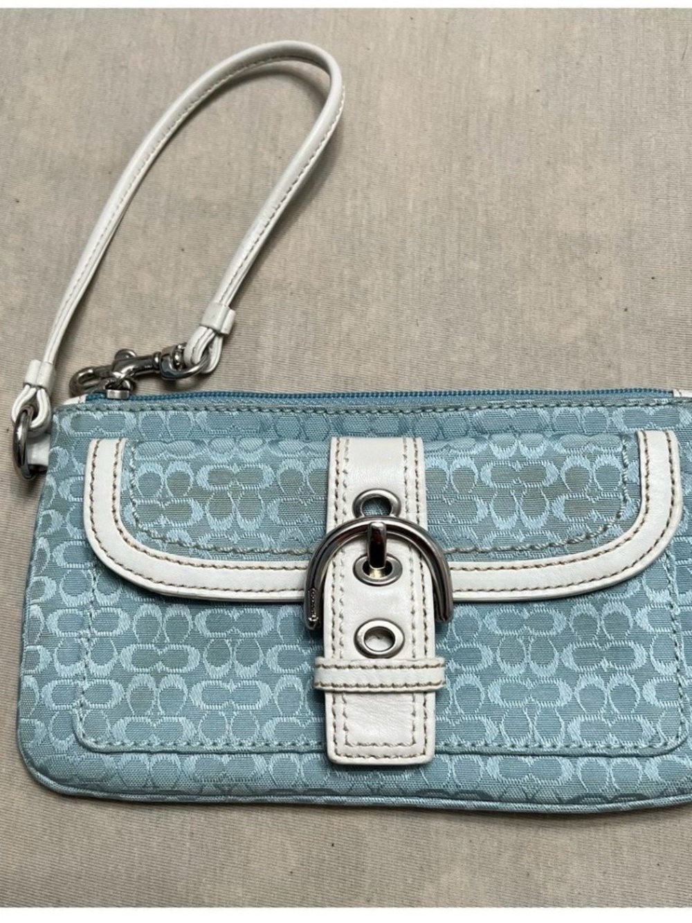 Coach Pale Blue Signature Wristlet with White Trim